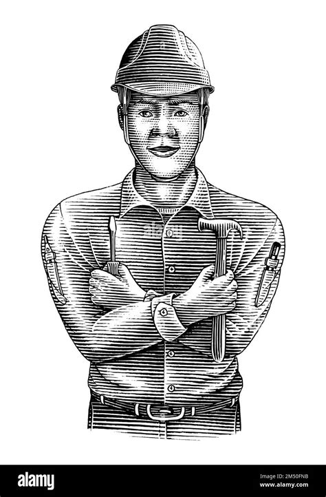 Engineer Hand Draw Vintage Engraving Style Black And White Clip Art