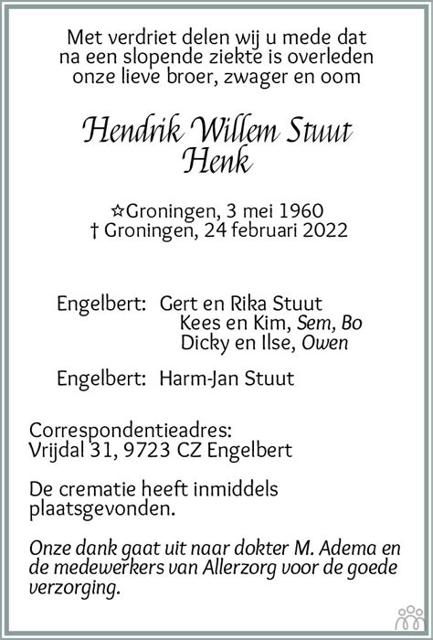 Hendrik Willem Henk Stuut 24 02 2022 Overlijdensbericht En