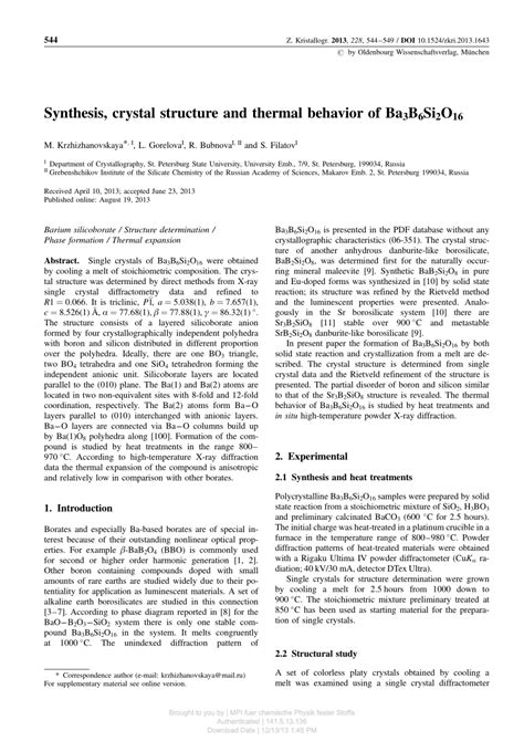 PDF Synthesis Crystal Structure And Thermal Behavior Of Ba3B 6Si2OM16