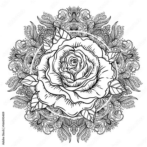 Rose Flower Over Mandala Tattoo Flash Highly Detailed Vector