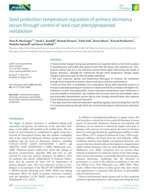 (PDF) Seed production temperature regulation of primary dormancy occurs ...