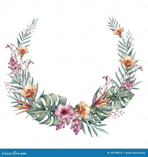 Wreath Of Watercolor And Outline Tropical Leaves And Flowers Stock