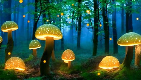 Premium Ai Image Magical Glowing Mushrooms In The Forest