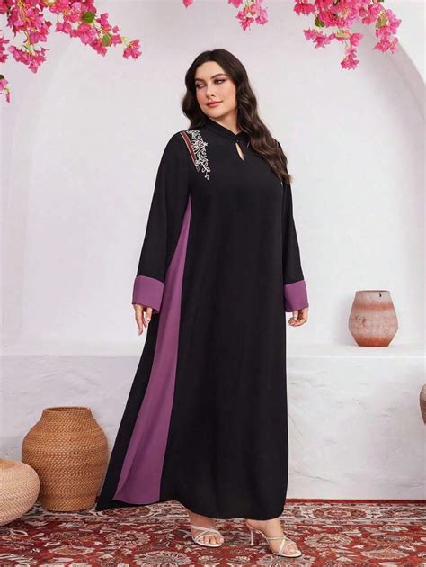 Shein Najma Plus Size Colorblock Arabic Clothing With Hafted Openwork