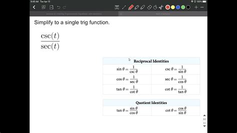 Trig Identities Used To Rewrite As A Single Function Reciprocal And Quotient Identities Youtube