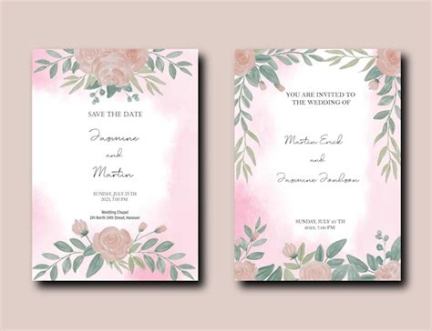 Conjunto De Tarjeta De Invitaci N De Boda Con Paquete De Flores Y Hojas