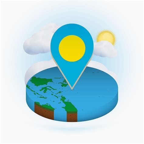 Mapa redondo isométrico de palau y marcador de puntos con bandera de