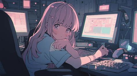 Anime Girl Sitting At A Desk With Two Computer Monitors Generative Ai