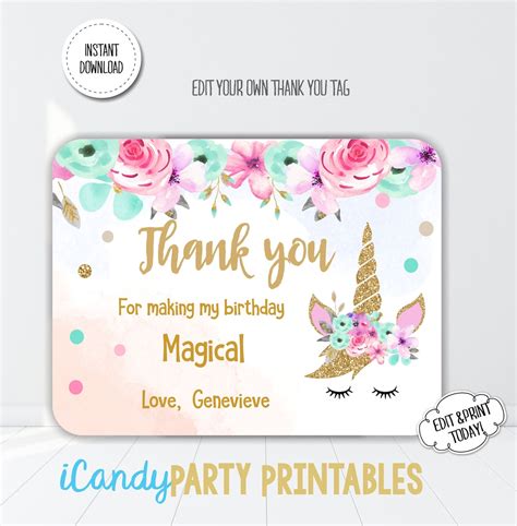 Unicorn Floral Girls Birthday Unicorn Thank You Card Printable Thank