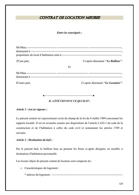 Contrat De Location Meubl E Nouveau Mod Le De Contrat