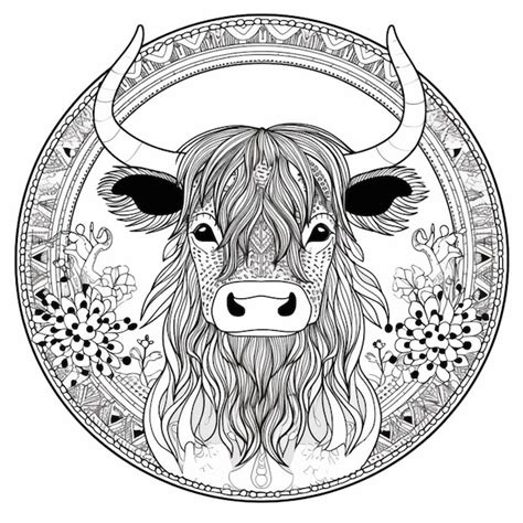 Un Dessin Noir Et Blanc D Une Vache Avec Des Cornes Dans Un Cercle Ai