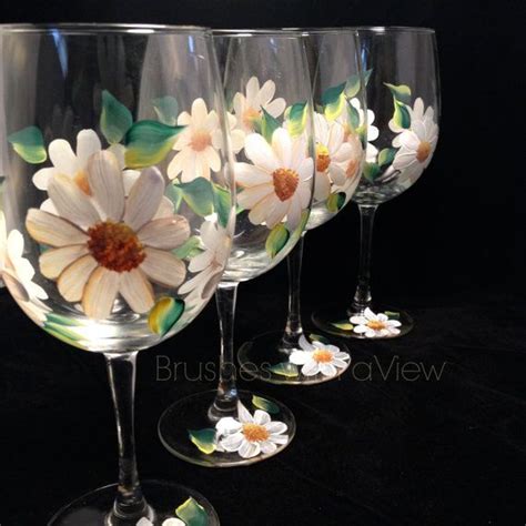 Hand Painted Daisy Flower Wine Glass Set Of 4 White Daisies Spring Table Decor Summer Wine