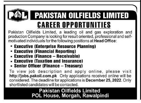 Pakistan Oilfields Ltd Rawalpindi Job Job Advertisement Pakistan