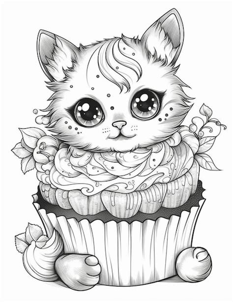 Gato En Un Cupcake Para Colorear Pintar E Imprimir Foto Premium