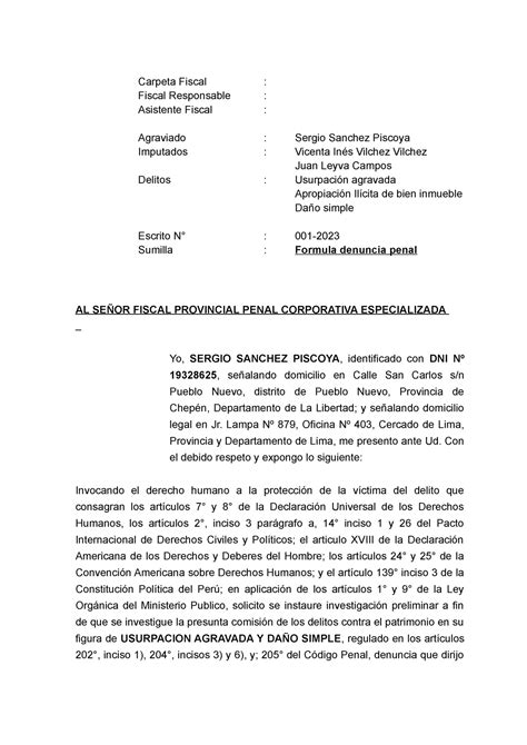 Modelo De Denuncia Por Usurpacion Y Danos Ncpp Lp Carpeta Fiscal