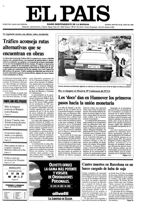 Portada 28 De Junio De 1988 Aniversario El PaÍs