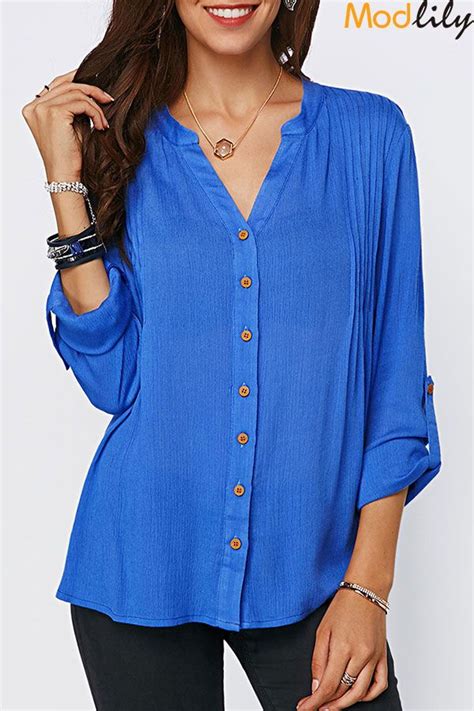 Split Neck Roll Tab Sleeve Blouse On Sale At Modlily Free Shipping And