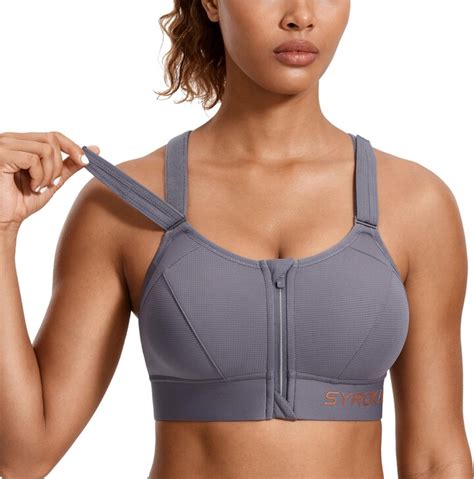 Syrokan Women S Sports Bra High Impact Zip Front Adjustable Velcro