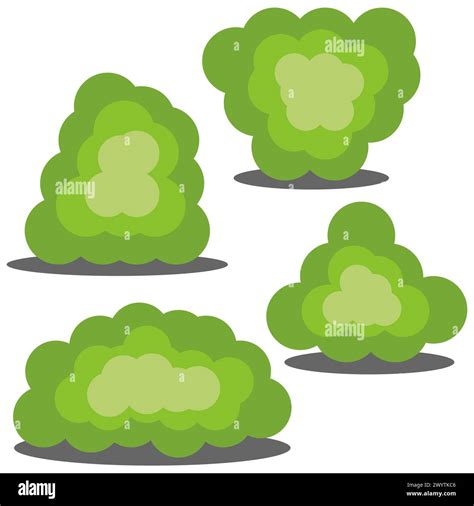 Set Of Four Different Cartoon Green Bushes Isolated On White Background