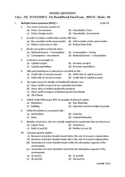 Tbse Class 12 Sample Paper 2023 Economics