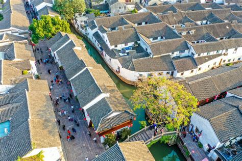 航拍苏州七里山塘景区山塘街历史古迹景区旅游景点摄影素材汇图网