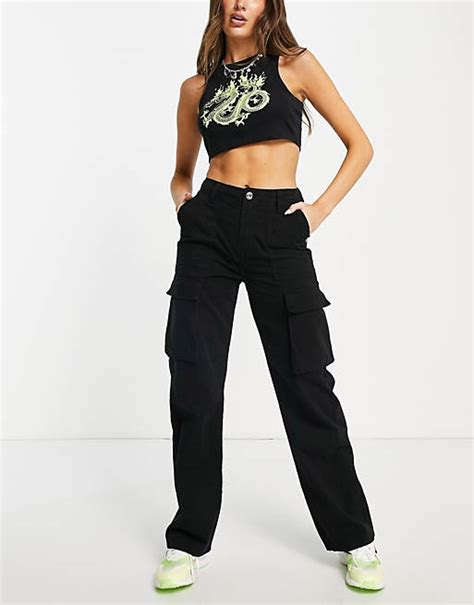 Bershka Chino Straight Leg Cargo Pants In Black Asos