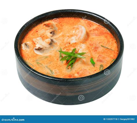 Thai Soup Tom Yam Kung Or Tom Yum With Mushrooms And Shrimp Isolated