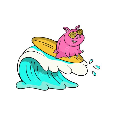 Surfing Pig Cartoon Handdrawing Illustration Design, Surf, Surf Pig, Pig Cartoon PNG Transparent ...