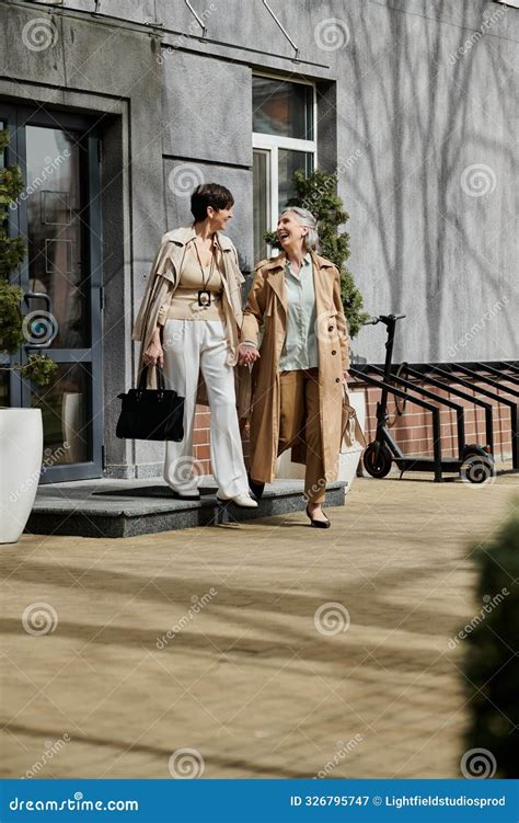 Mature Beautiful Lesbian Couple Walking Down Stock Image Image Of