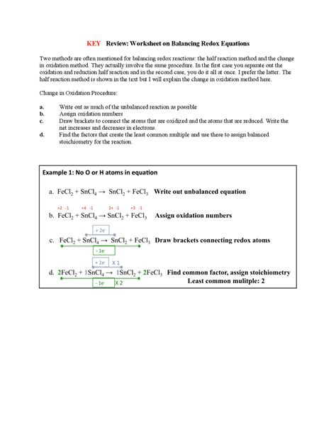 KEY Review Worksheet On Balancing Redox Equations Study Notes