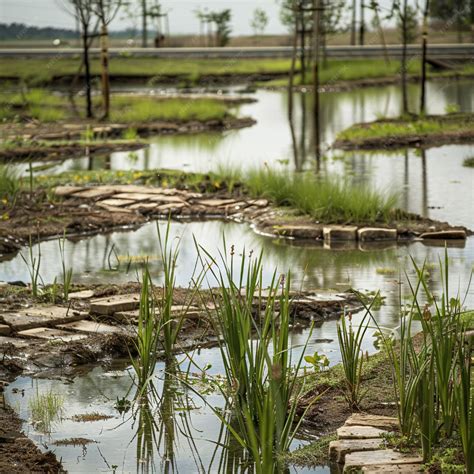 A detailed image of a wetland being restored with new plantings and