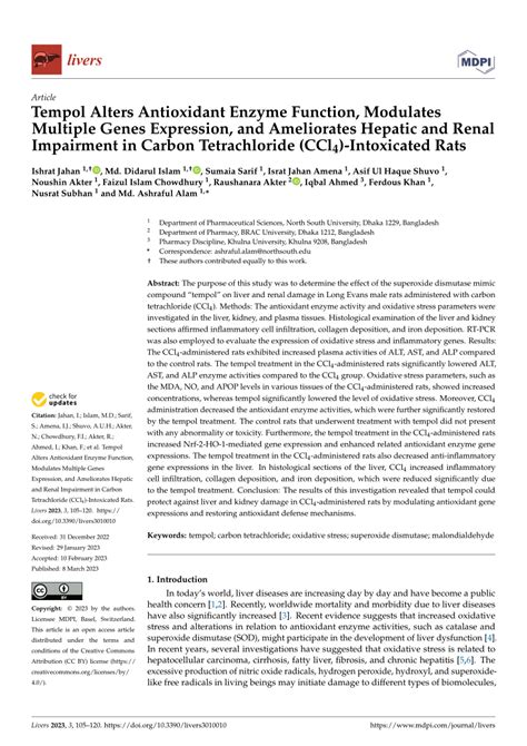 Pdf Tempol Alters Antioxidant Enzyme Function Modulates Multiple