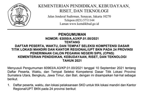 Link Daftar Peserta Dan Jadwal SKD CPNS 2021 Kemendikbud Ristek Di 24