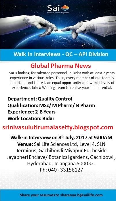 Global Pharma News SAI LIFE SCIENCES LTD WALK IN INTERVIEW ON 08 07