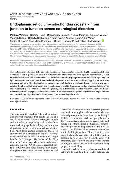 Endoplasmic Reticulummitochondria Crosstalk From Junction To Function