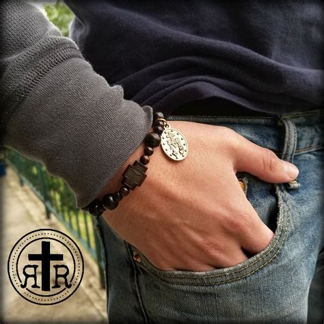 Dark Wood Rosary Bracelet With Custom Saint Medal Rugged Rosaries®