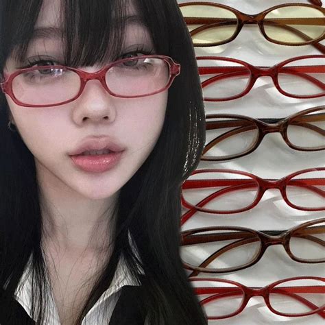 Lianfudai Y2k Women Retro Oval Square Glasses Red Green Frame Glass Eyewear Decorative Computer