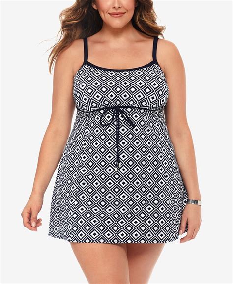 Swim Solutions Plus Size Printed Empire Tummy Control Swimdress