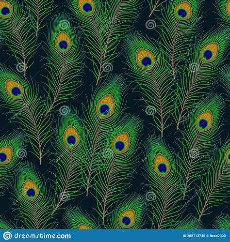 Seamless Pattern With Peacock Feathers On A Dark Background Stock