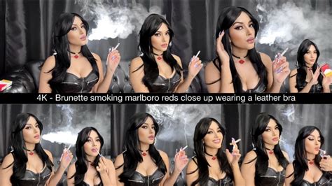 4K Brunette Smoking Marlboro Reds Close Up Wearing A Leather Bra Smoking Angie Clips4sale