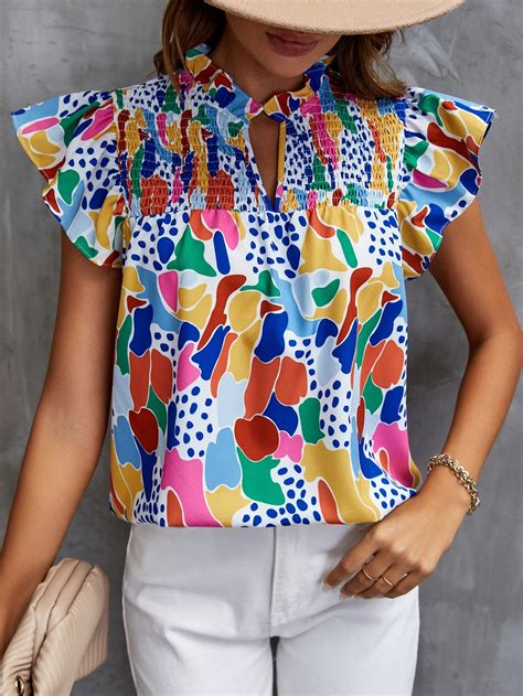 Shein Clasi Allover Print Ruffle Trim Butterfly Sleeve Blouse Shein Usa