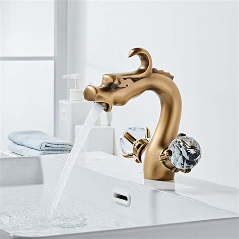 Discount Crystal Handle Dragon Shape Antique Brass Two Handle Bath Faucet Hold And Hot Switch