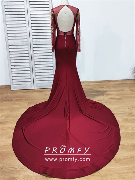 Promfy Gold Lace Appliqued Dark Red Spandex Slit Prom Dress