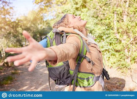 Woman Hiking Freedom And Open Hands In Nature With Happiness Wellness