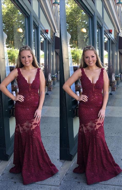 Burgundy Mermaid Lace V Neck Long Prom Dresses Burgundy Mermaid Lace V Neck Long Evening