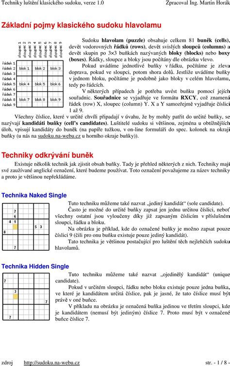 Základní pojmy klasického sudoku hlavolamu Techniky odkrývání bunk