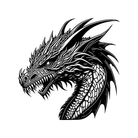 Premium Vector Myth Animal Dragon Head In Style Of Linocut Engraving