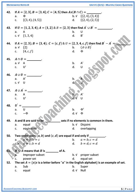 Adamjee Coaching Sets Mcqs Mathematics Notes For Class Th