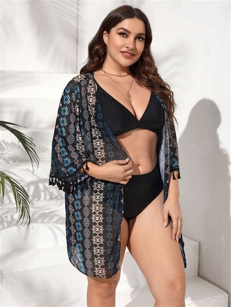 Shein Swim Bohofeel Plus Geo Print Tassel Trim Open Front Kimono