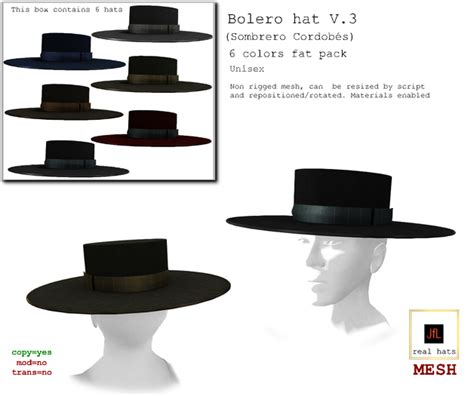 Second Life Marketplace - Bolero hat V.3 (Sombrero Cordobes) 6 colors fat pack boxed